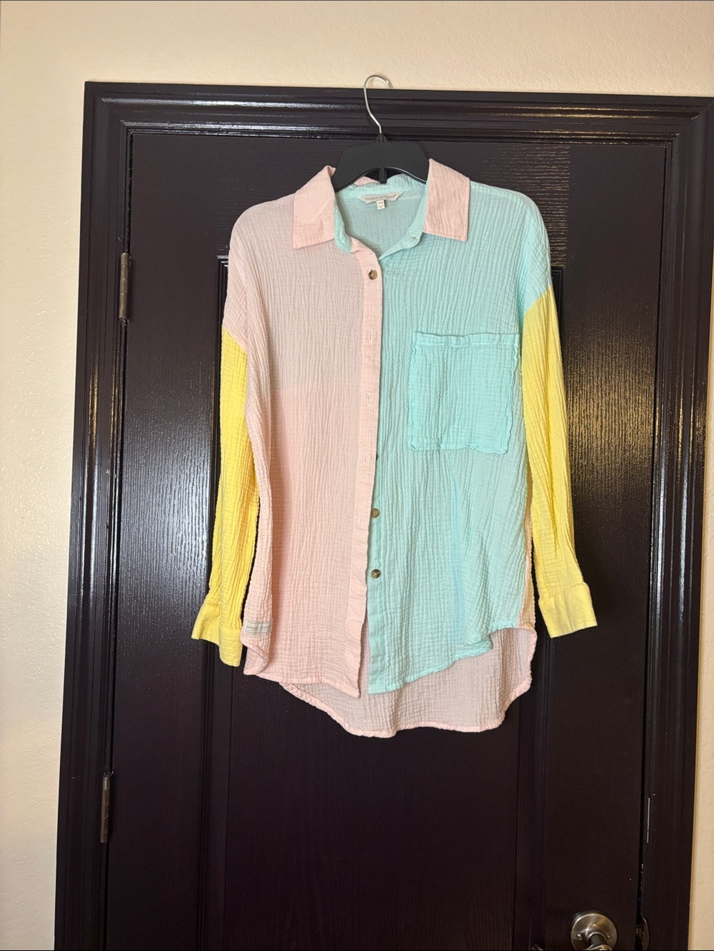 Colorblock Pastel Button-Up Shirt - Pink, Mint & Yellow